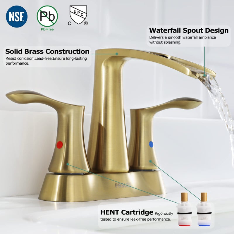PARLOS 2 Handles Waterfall Bathroom Faucet with Pop-up Drain and Faucet Supply Lines, Brushed Gold, Demeter 1431708 - Image 2